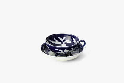 Artisanal Japanese Tea Cup and Saucer Set - Midnight Blue Floral Elegance