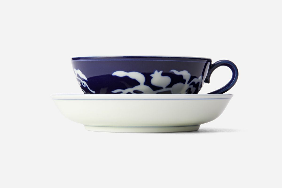 Artisanal Japanese Tea Cup and Saucer Set - Midnight Blue Floral Elegance