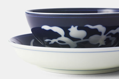 Artisanal Japanese Tea Cup and Saucer Set - Midnight Blue Floral Elegance