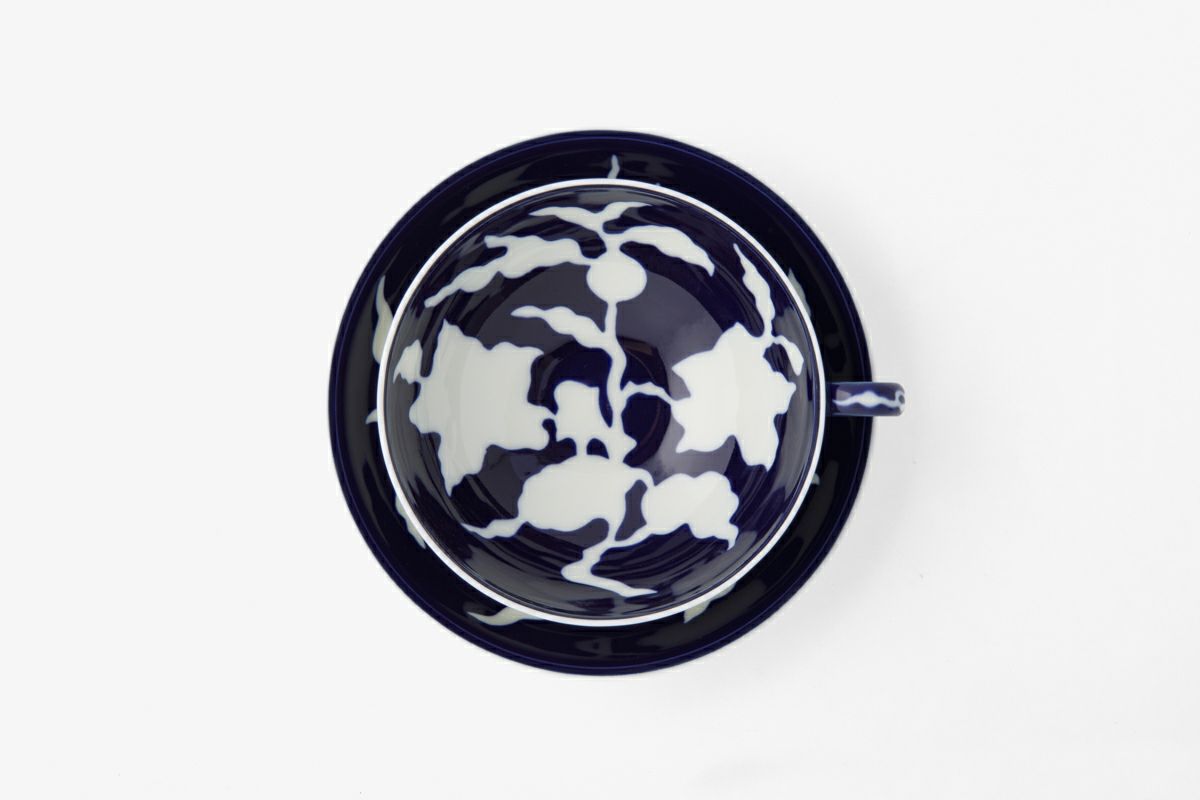 Artisanal Japanese Tea Cup and Saucer Set - Midnight Blue Floral Elegance