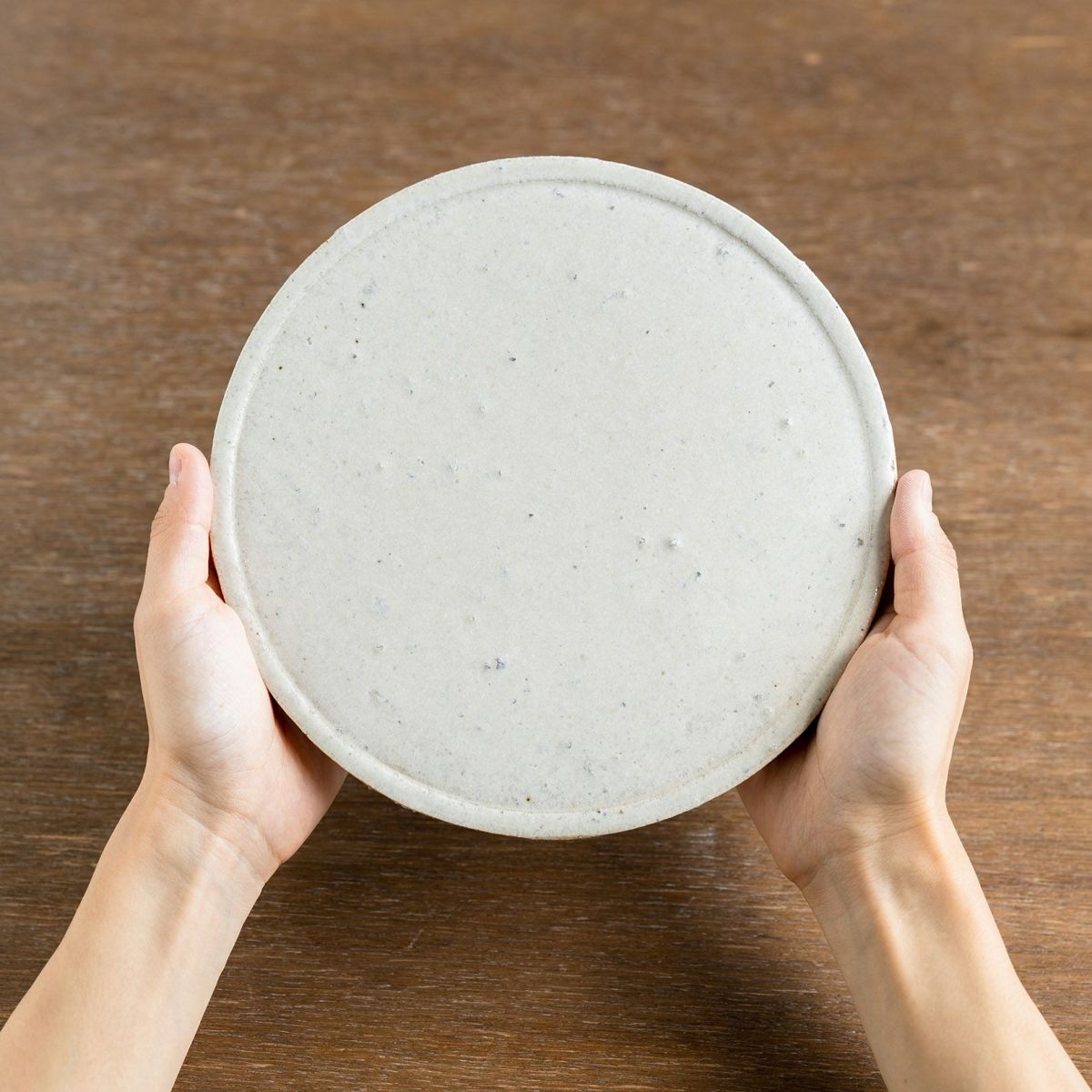 Handcrafted large Koshinraku round ceramic plate with subtle white glaze and natural clay rim, showcasing traditional Japanese pottery techniques