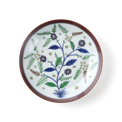 Handcrafted Japanese deep plate with Somewake Sarasamode butterfly design, featuring an intricate pattern of butterflies, flowers, and leaves in blue, green, brown, and gold on a white background with a reddish-brown rim