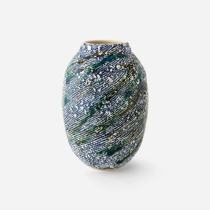 Green Glaze Sogi Flower Vase showcasing intricate diagonal textures and a blend of green, blue, and white glazes, perfect for elegant floral arrangements