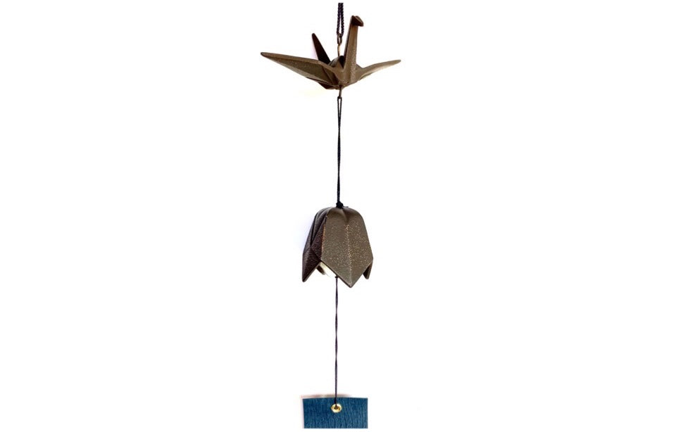 Japanese Origami Crane Furin wind chime featuring gold and dark brown cast iron cranes with a blue tanzaku card, symbolizing peace and good fortune