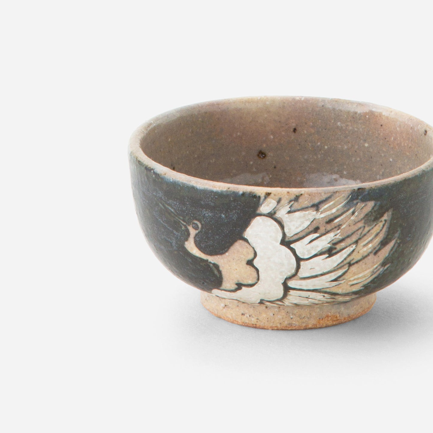 Artisanal Japanese Sake Cup - Iron-Glazed Crane Motif