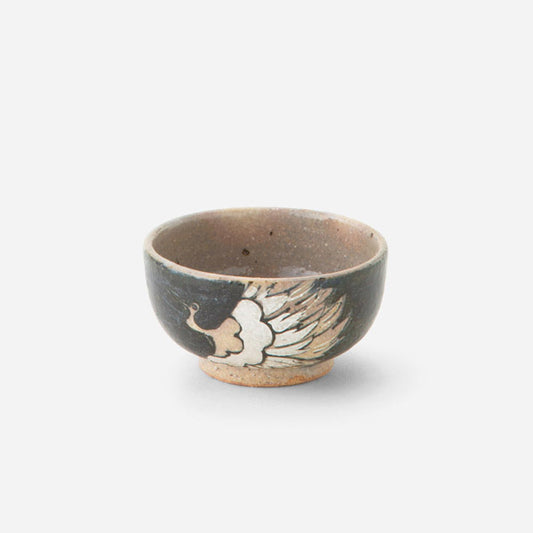 Artisanal Japanese Sake Cup - Iron-Glazed Crane Motif