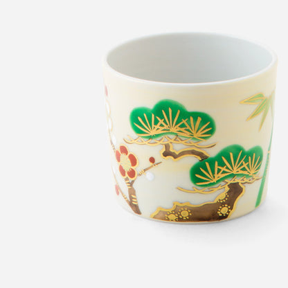 Artisanal Japanese Sake Cup - Golden Pine, Bamboo, and Plum Blossom Design