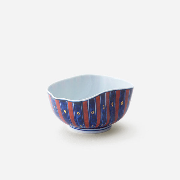 Handcrafted Japanese yunomi tea cup featuring a vibrant tokusa design with alternating blue and red stripes, inspired by Hokusai's original artwork