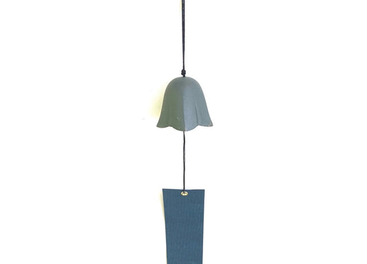 Japanese Hana Furin wind chime featuring a bronze flower-shaped bell with a hanging blue tanzaku card, perfect for creating a serene atmosphere