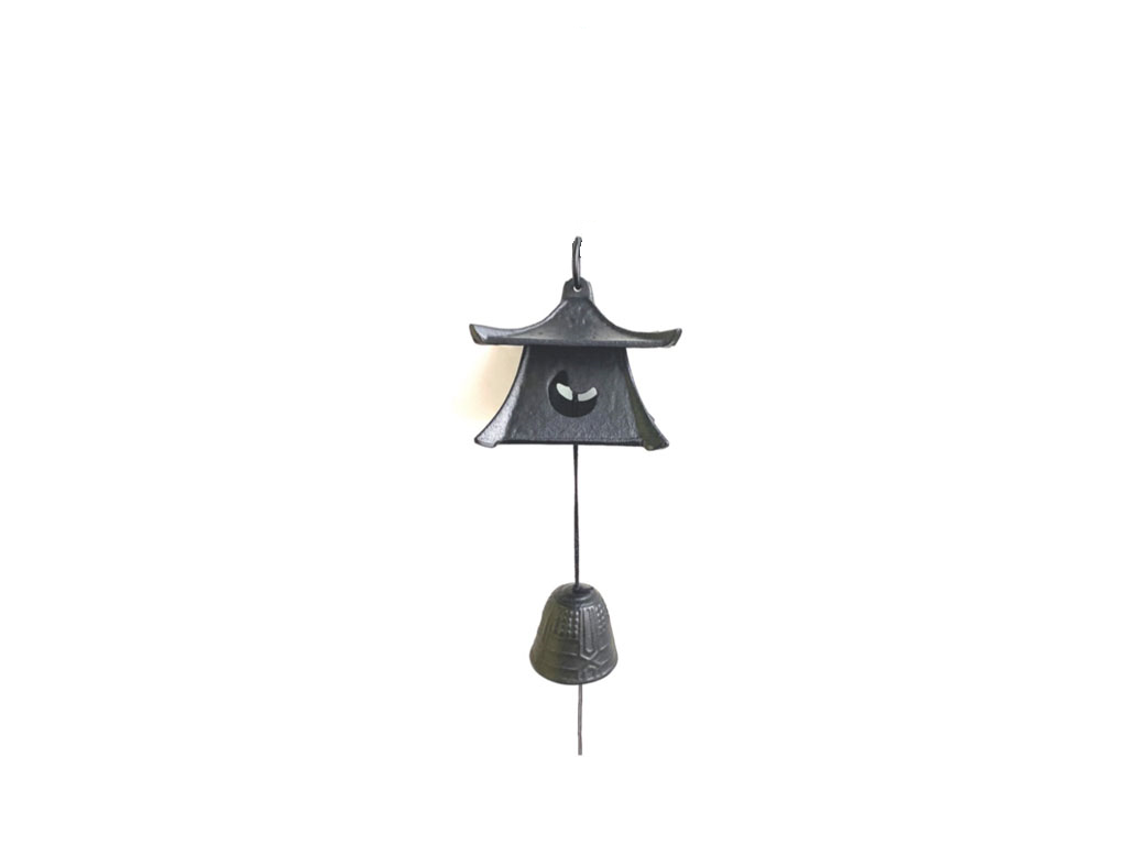 Japanese Tōrō Lantern Furin wind chime in black cast iron, featuring miniature lantern designs at top and bottom with a dark tanzaku card, embodying traditional Japanese aesthetics