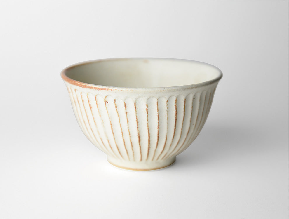 Shinogi Cream Matte Rice Bowl featuring traditional Japanese pottery techniques with elegant vertical grooves, showcasing its versatile size and charming rounded shape