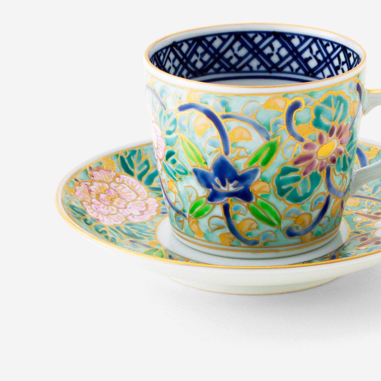 Seinou Karakusa (青濃花唐草) coffee cup and saucer with vibrant blue and green floral arabesque design, part of Japanese Dinnerware Set