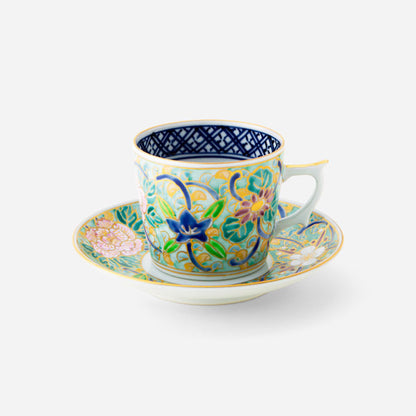 Seinou Karakusa  coffee cup and saucer with vibrant blue and green floral arabesque design, part of Japanese Dinnerware Set