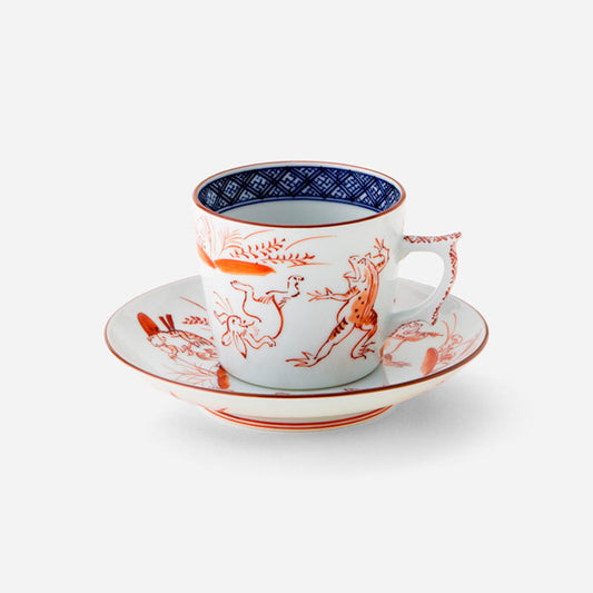 Akakōzan-ji (赤高山寺) coffee cup and saucer with red rabbit and frog illustrations, part of Japanese Dinnerware Set