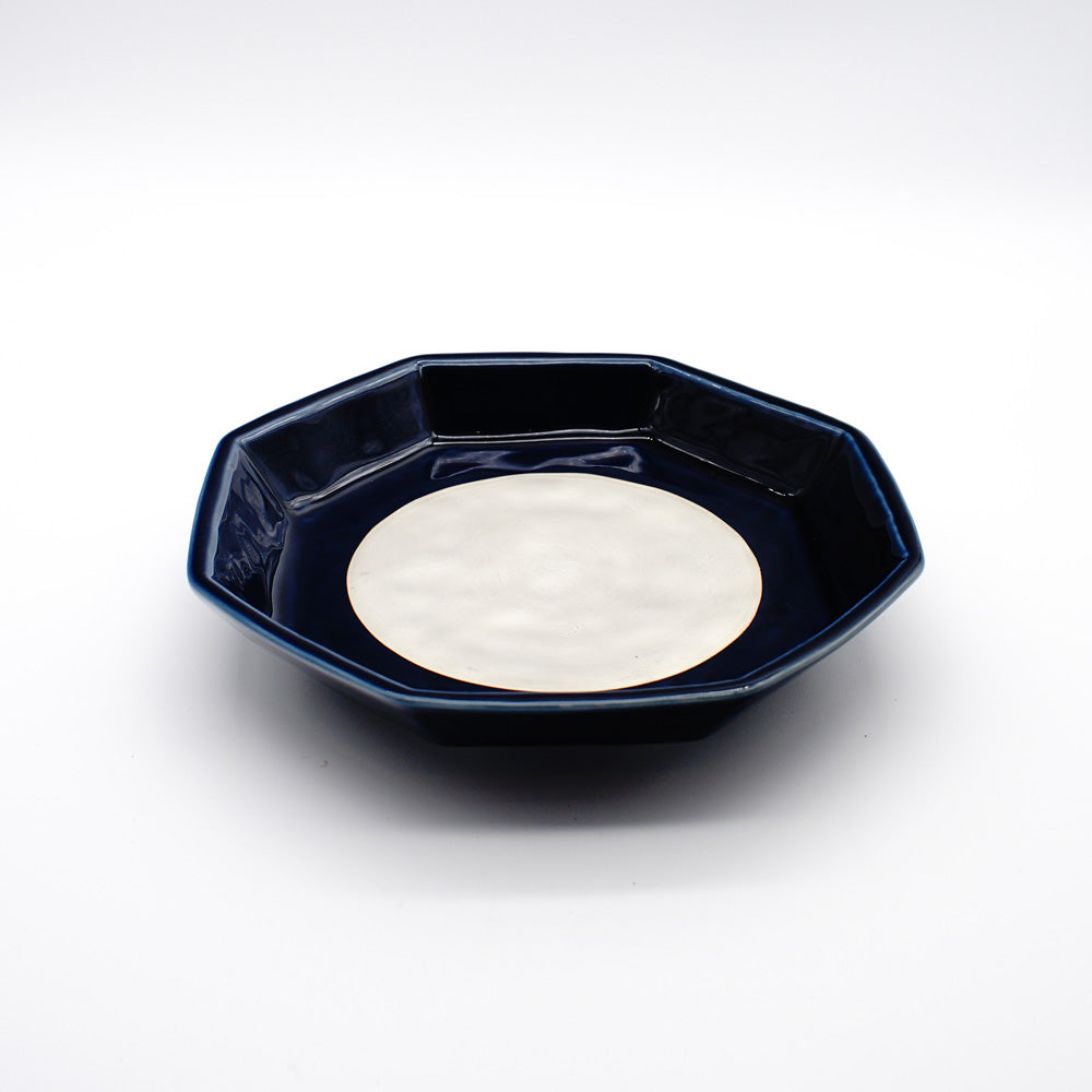 Midnight Blue Octagonal Plate featuring a deep blue rim surrounding a central circular area with delicate silver lustre finish, exemplifying refined Japanese ceramic artistry