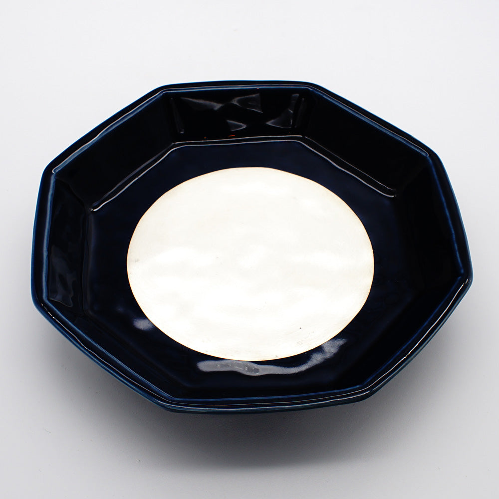 Midnight Blue Octagonal Plate featuring a deep blue rim surrounding a central circular area with delicate silver lustre finish, exemplifying refined Japanese ceramic artistry